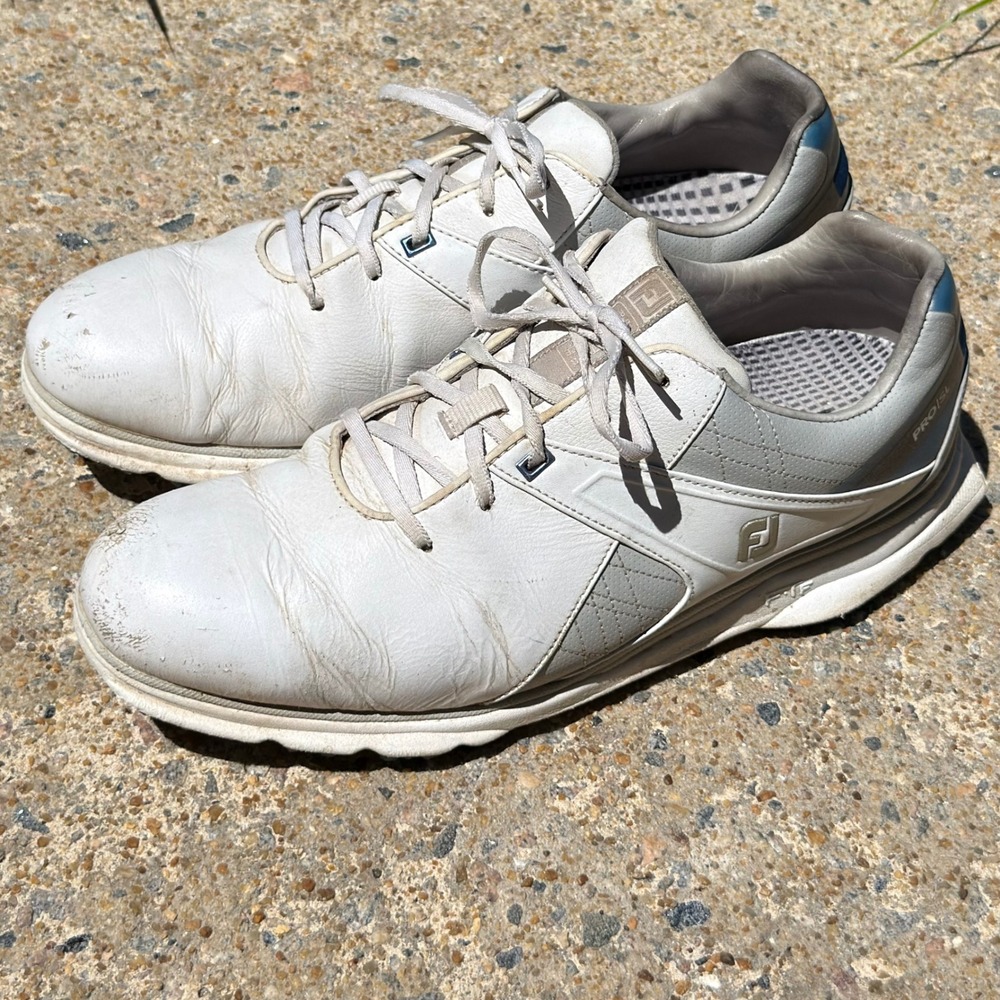 FootJoy Pro SL Mens 12 W Spikeless Golf Shoes White Grey Blue Leather 53811